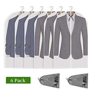 Perber Hanging Garment Bag 6 Pack Clear Full Zipper Suit Bags (Set of 6) PEVA Moth-Proof Breathable Dust Cover for Closet Clothes Storage, Travel 24''x 40''