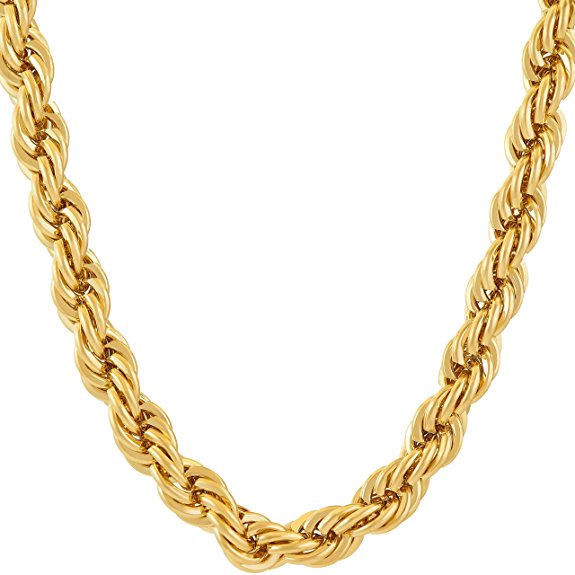 Lifetime Jewelry Rope Chain 7MM, 24K Diamond Cut Fashion Jewelry Necklaces in Yellow or White Gold Over Semi Precious Metals, Hip Hop or Classic, 16-36 Inches
