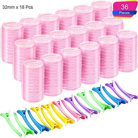 32 mm Self Grip Hair Rollers Set 18 Count Medium Size Self Holding Rollers and 18 Multicolor Plastic Duck Teeth Bows Hair Clips Hairdressing Curlers for Women, Men and Kids (32 mm, 36 Pieces)