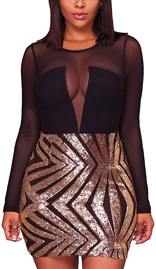 Blibea Women's Nightclub Sexy Sheer Mesh Bodycon Long Sleeve Sequin Club Dress