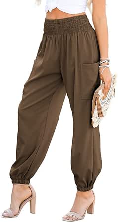 Dokotoo Womens Summer Boho Business Casual Smocked High Waisted Cargo Long Pants with Pockets