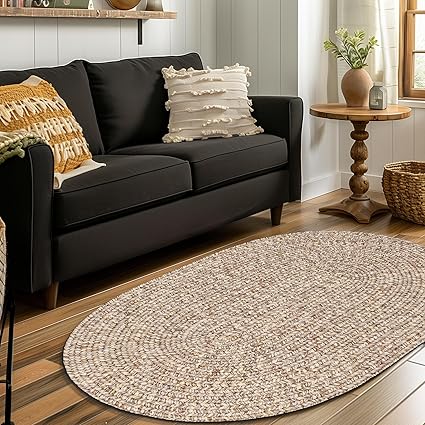 Super Area Rugs Beige Woven Braided Rug Rustic Living Indoor/Outdoor Braided Rug - Soft & Reversible Oval 5' x 7'