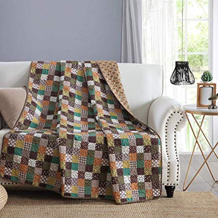 NEWLAKE Quilted Throw Blanket for Bed Couch Sofa, Mini Checkered Floral Style, 60X78 Inch