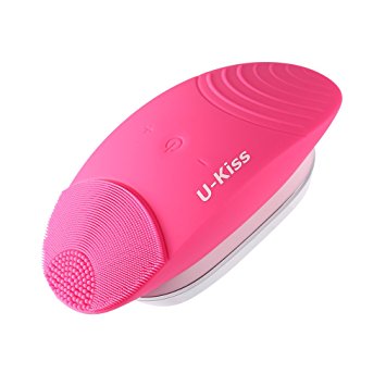 U-Kiss Face Cleansing Facial Cleansing Massager Wireless Handheld Silicone Deep Clean Cleanser Exfoliator Electric Ultrasonic Vibrating Durable Waterproof Portable Face Cleanser For Women (Rose Red)