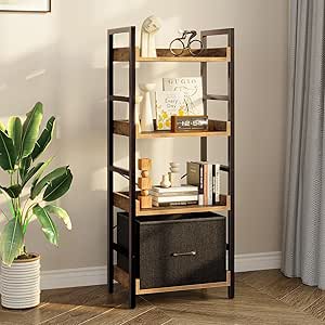 Rolanstar Bookshelf 4 Tier with Removable Drawer, Tall Narrow Bookcase, Industrial Wooden Display Shelves for Bedroom, Living Room, Office, Kitchen, Rustic Brown