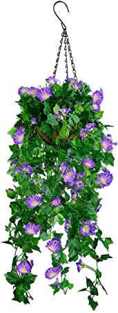 Artificial Flowers with Hanging Basket, UV Resistant Fake Plastic Faux Flower Morning Glory Fabric Vine Petunia for Indoor Outdoor Garden Porch Eave Wedding Wall Decor