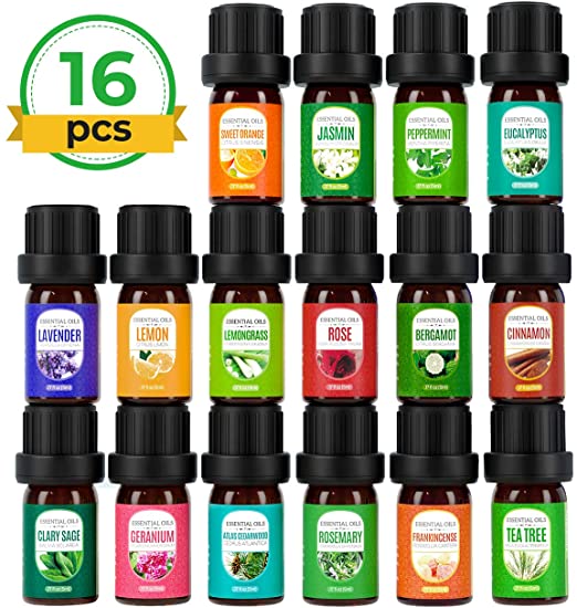 Homasy Essential Oils Gift Set (16Pcsx5ml), 100% Pure Aromatherapy Scented Oils, Fragrance Oil Set for Diffuser, Humidifier, Lavender, Sweet Orange, Tea Tree, Lemongrass, & More