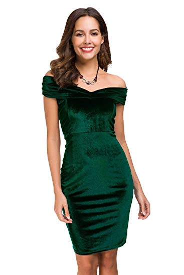 Womens Elegant Off Shoulder Shawl Velvet Bodycon Dresses Sexy Midi Slim Fit Dress for Party Cocktail Formal Evening