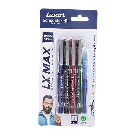 Luxor Schneider LX-MAX roller ball pen | Pack of 4-Assorted+1 Refill | Needle Tip | 0.5mm | 100% German Technology | 1000+ mtrs writing length | Waterproof Ink | Ideal for Students & Professionals