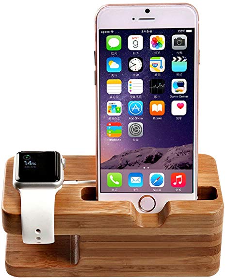 AICase Watch Stand, iWatch Bamboo Wood Charging Holder for Apple Watch & iPhone X/ 8/8 Plus/ 7 Plus 6 6 plus 5S 5 (Light Brown)