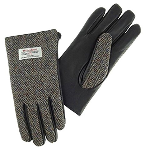 Gents 100% Harris Tweed and Leather Charcoal Herringbone Gloves