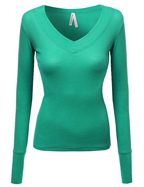 Women's Basic Solid V-Neck Henley Lace Long Sleeves Thermal Tee