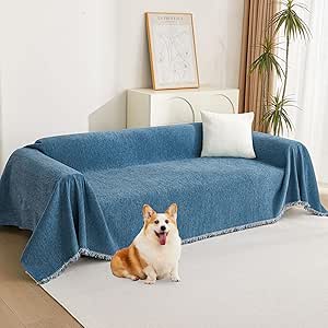 MYSKY HOME Sectional Sofa Covers Blue Couch Covers for 3 Cushion Couch Sofa Chenille Couch Cover Living Room Multi-Use L Shaped Sofa Slipcovers for Dogs Cats Kids Tassel Edge 91" x 134"