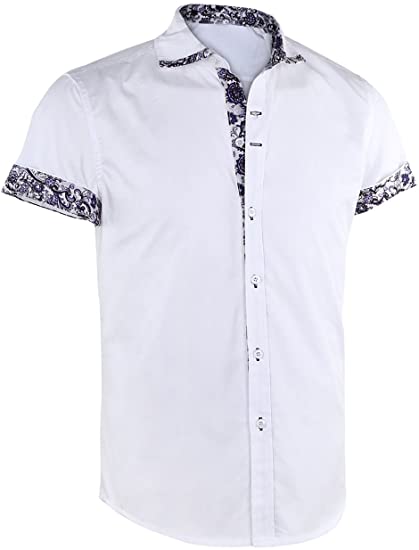 Dioufond Mens Short Sleeve Dress Shirts with Floral Patchwork Chemise Homme Manche Courte