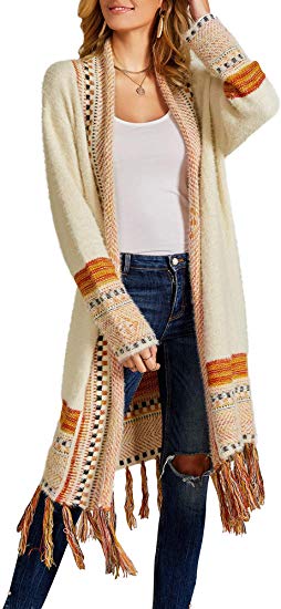 Ferbia Women Boho Cardigan Open Front Long Maxi Knit Sweaters Aztec Tribal Tassel Fringe Thin Coat