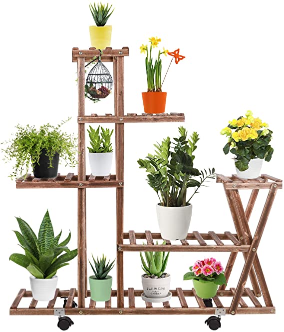 Wood Plant Stand, 5-Tier Reinforcement Plant Display Stand with 4 Wheels for Indoor Outdoor Patio Garden Corner Balcony Living Room(11-14 Flowerpots)