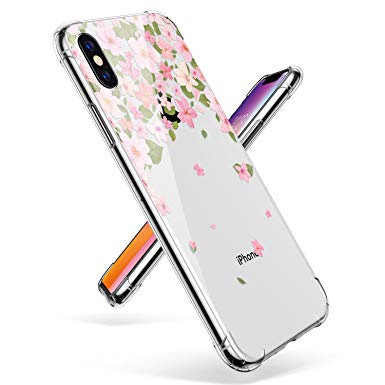 iPhone X Case Clear with Flower Pattern, GVIEWIN Soft & Flexible Silicone Ultra-Thin Shockproof Transparent Cover Case for Apple iPhone X/iPhone 10 (5.8-Inch) -Pink Sakura