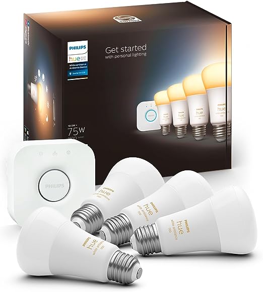 Philips Hue White Ambiance A19 Starter Kit (75W 2021 Version), 4 A19 Bulbs, 1 Hue Hub (Compatible with Alexa, Apple HomeKit & Google Assistant)