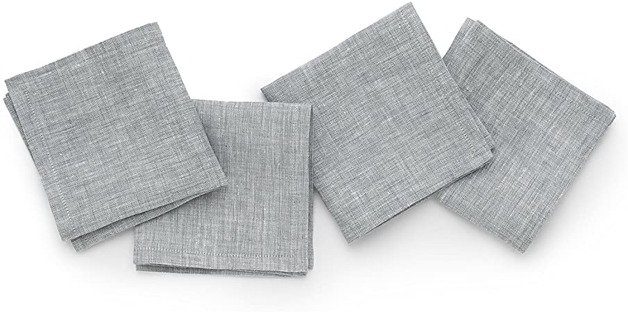 Solino Home Linen Cocktail Napkins - 9 x 9 Inch Grey, Set of 4 100% Pure Linen Napkins, Bella - European Flax - Soft and Handcrafted with Mitered Corners