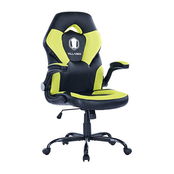 KILLABEE Racing Style Gaming Chair Flip-Up Arms - Ergonomic Leather & Mesh Computer Desk Office Chair, Green & Black