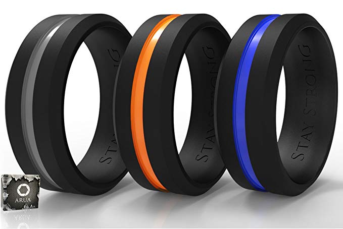 Arua Silicone Wedding Bands (Rings) for Him. 3-Pack. Men Rings Designed for Sportsmen, Workers and Active Types. Grey, Orange, Blue Thin Middle Line. Gift Box Included.