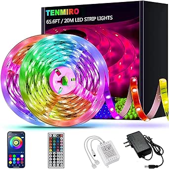 65.6ft Led Lights, Tenmiro 20m Led Lights Strip for Bedroom Smart Music Sync Color Changing LED Strip Lights with App and Remote Control RGB Led Strip, LED Lights for Bedroom Home Party Decoration