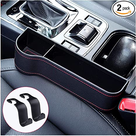 Car Seat Gap Filler Organizer Between Front seat car Organizer and Storage Box, Auto Premium PU Leather Console with car seat gap organizer, Car Pocket for Interior Essentials (for Left Side) (2 Hook)