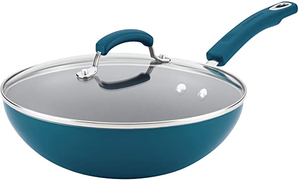 Rachael Ray 17648 Brights Nonstick Wok/Stir Fry Pan/Wok Pan with Lid - 11 Inch, Marine Blue Gradient