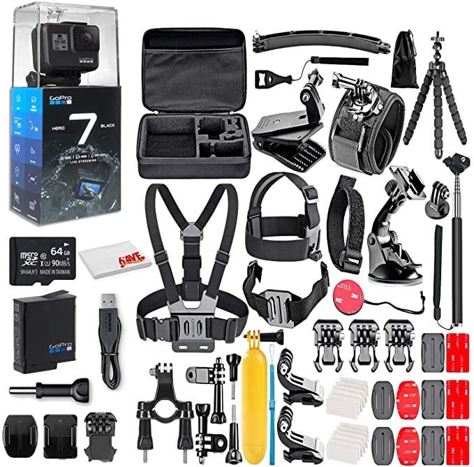 GoPro HERO7 Black - Waterproof Action Camera with Touch Screen, 4K HD Video, 12MP, Live Streaming and Stabilization - with 64GB Card and 50 Piece Accessory Kit - Ecommerce Packaging - Loaded Bundle