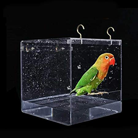 Kangkangk Cube Bird Bathtub Bath Shower Box Bowl with Hooks Cage Accessory for Little Bird Parrots Crested Myna