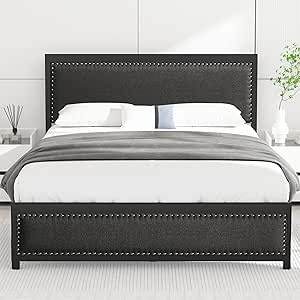 VECELO Full Bed Frame with Upholstered Linen Headboard and Footboard, Heavy-Duty Platform with Strong Metal Slats, No Box Spring Needed, Easy Assembly, Matte Black