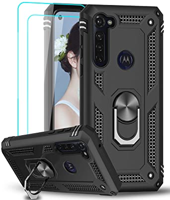 Moto G Stylus Case, Moto G Pro Case 2020 with [2PCS] Tempered Glass Screen Protector, LeYi Military-Grade Armor Defender Phone Case with Magnetic Rotating Ring Kickstand for Motorola G Stylus, Black