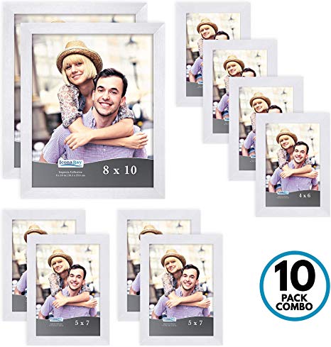 Icona Bay Combination White Picture Frames Set - 10 PC (Four 4x6, Four 5x7, Two 8x10), Impresia Collection Multi-Pack for Wall Gallery