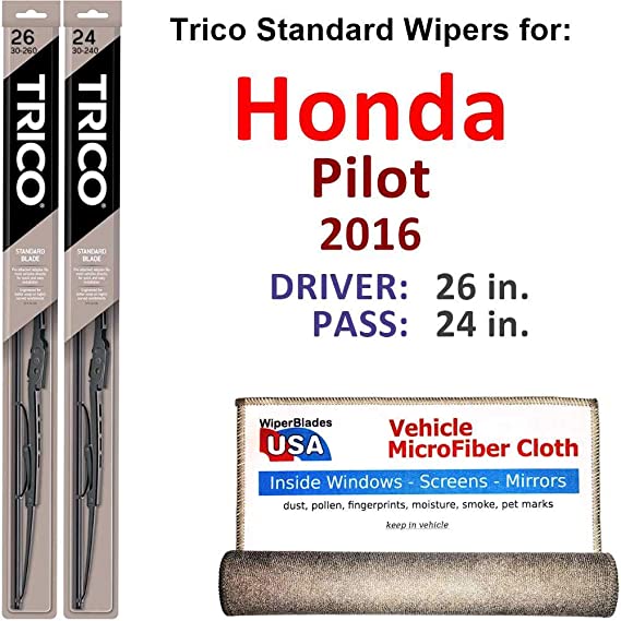 Wiper Blades for 2016 Honda Pilot Driver & Passenger Trico Steel Wipers Set of 2 Bundled with Bonus MicroFiber Interior Car Cloth