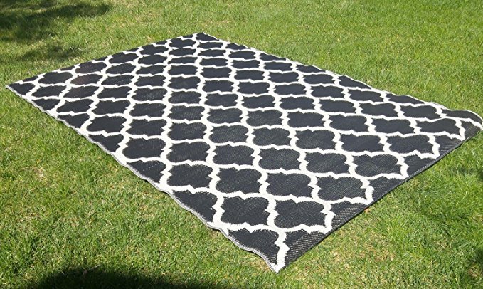 Santa Barbara Collection 100% Recycled Plastic Outdoor Reversable Area Rug Rugs White Black Trellis san1001blk 5'11 x 9'3 - Made in USA