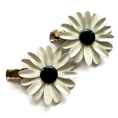 White and Navy Metal Flower Hairclips Enamel Daisy Set of 2