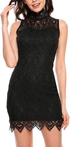 Beyove Women Sheer High Neck Floral Lace Sleeveless Bodycon Cocktail Dress