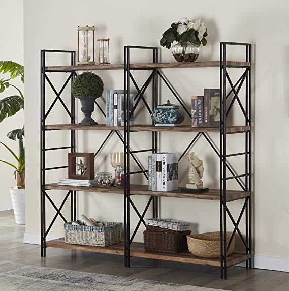 Homissue 4 Shelf Industrial Double Bookcase and Book Shelves, Storage Rack Display Stand, Etagere Bookshelf with Open 8 Shelf, Retro Brown, 64.2”Height