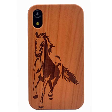 iPhone XR Case, Wood Case Running Horse Handmade Carving Real Wood Case Wooden Case Cover with Soft TPU Back for Apple iPhone XR (2018)