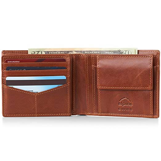 Alpine Swiss RFID Mens Wallet Deluxe Capacity Divided Bill Sections Choice of Coin Bifold Trifold