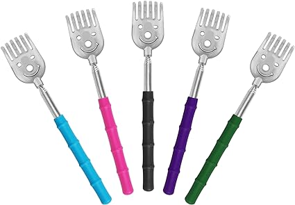 SinLoon 5 Pack Telescoping Back Scratcher, Gift Manual Back Scratchers, Metal Portable Extendable Back Scratcher, Stainless Steel Back Massager Tool with Rubber Handles, Claw-Silver