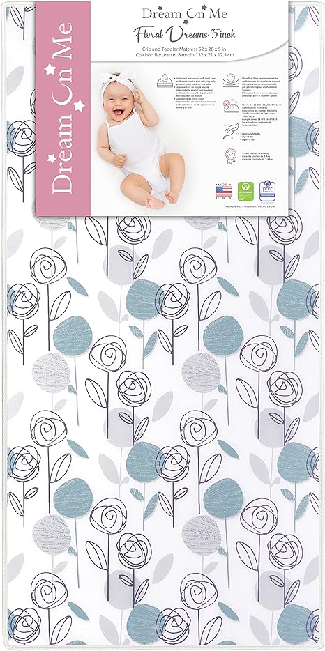 Dream On Me Floral Dreams Firm Fiber Standard Baby Crib Mattress in Teal, Greenguard Gold and JPMA Certified, Fits Crib and Toddler Bed, Waterproof Vinyl Cover