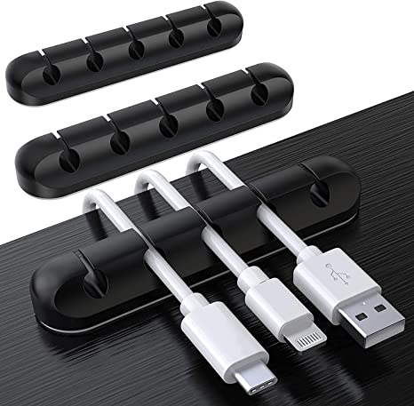 SOULWIT 3-Pack Cable Holder Clips, Desktop Cable Organizer Cord Wire Management for USB Charging Cable Power Cord Mouse Cable PC Office Home (555-slot, Black)