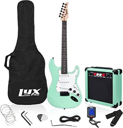 LyxPro 39 inch Electric Guitar Kit Bundle with 20w Amplifier, All Accessories, Digital Clip On Tuner, Six Strings, Two Picks, Tremolo Bar, Shoulder Strap, Case Bag Starter kit Full Size - Green