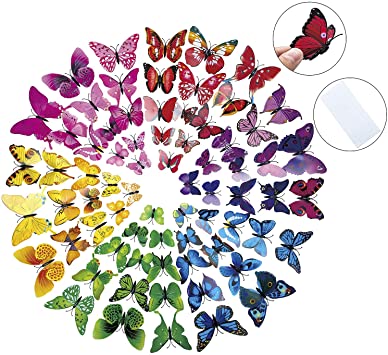 CLOSEUS 84PCS 3D Butterfly Wall Stickers DIY Art Decor Colorful Decals for Nursery Classroom Kids Baby Bedroom Living Room Magnets And Sponge Glue