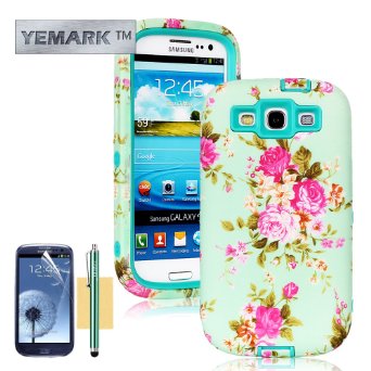 S3 Case S3 Back Case YEMARKTM Hybrid High Impact 3 Piece Fashion Elegant Orchid Pattern Hard Back Case Cover For Samsung Galaxy S3Soft Silicone SkinStylusScreen ProtectorCleaning Cloth-Green Samsung Galaxy S3 Case