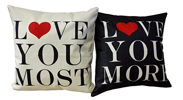 Wenmei Light Linen Square Decorative Throw Pillow Case Cushion Cover Throw Pillows Set of 2 --- Love You More & Love You Most18in X 18in One Side Printed