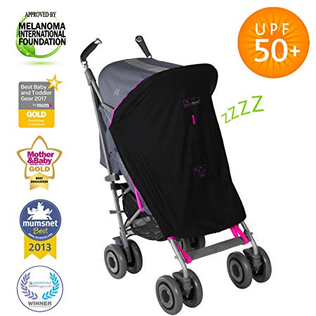 SnoozeShade Original - universal baby sunshade and blackout blind for prams and buggies (blocks 99% UV) Limited Edition magenta pink trim