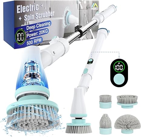 MoKo Electric Spin Scrubber, 500 RPM Cordless Shower Cleaning Brush,Battery Display, Power Scrubber with Detachable Long Handle,4 Replaceable Brush Heads,Deep Cleaning for Bathroom/Tub/Tile/Floor