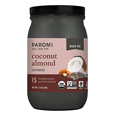 Paromi Tea Organic Coconut Almond Black Tea, 15 Pyramid Tea Bags - Non-GMO
